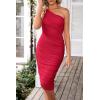 imagePRETTYGARDEN Summer One Shoulder Dresses for Women 2025 Elegant Mesh Ruched Asymmetrical Wedding Guest Cocktail Bodycon DressRed
