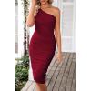 imagePRETTYGARDEN Summer One Shoulder Dresses for Women 2025 Elegant Mesh Ruched Asymmetrical Wedding Guest Cocktail Bodycon DressWine Red