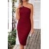 imagePRETTYGARDEN Summer One Shoulder Dresses for Women 2025 Elegant Mesh Ruched Asymmetrical Wedding Guest Cocktail Bodycon DressWine Red