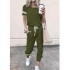 imagePRETTYGARDEN Women Summer Two Piece Outfits Striped Short Sleeve Pullover and Long Pants Tracksuit Travel Pajama Lounge SetArmy Green