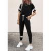 imagePRETTYGARDEN Women Summer Two Piece Outfits Striped Short Sleeve Pullover and Long Pants Tracksuit Travel Pajama Lounge SetBlack