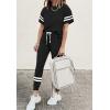imagePRETTYGARDEN Women Summer Two Piece Outfits Striped Short Sleeve Pullover and Long Pants Tracksuit Travel Pajama Lounge SetBlack
