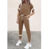 imagePRETTYGARDEN Women Summer Two Piece Outfits Striped Short Sleeve Pullover and Long Pants Tracksuit Travel Pajama Lounge SetBrown