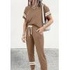 imagePRETTYGARDEN Women Summer Two Piece Outfits Striped Short Sleeve Pullover and Long Pants Tracksuit Travel Pajama Lounge SetBrown
