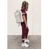 imagePRETTYGARDEN Women Summer Two Piece Outfits Striped Short Sleeve Pullover and Long Pants Tracksuit Travel Pajama Lounge SetBurgundy