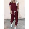 imagePRETTYGARDEN Women Summer Two Piece Outfits Striped Short Sleeve Pullover and Long Pants Tracksuit Travel Pajama Lounge SetBurgundy
