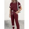 imagePRETTYGARDEN Women Summer Two Piece Outfits Striped Short Sleeve Pullover and Long Pants Tracksuit Travel Pajama Lounge SetBurgundy