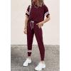 imagePRETTYGARDEN Women Summer Two Piece Outfits Striped Short Sleeve Pullover and Long Pants Tracksuit Travel Pajama Lounge SetBurgundy
