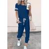 imagePRETTYGARDEN Women Summer Two Piece Outfits Striped Short Sleeve Pullover and Long Pants Tracksuit Travel Pajama Lounge SetDark Blue