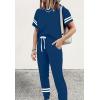 imagePRETTYGARDEN Women Summer Two Piece Outfits Striped Short Sleeve Pullover and Long Pants Tracksuit Travel Pajama Lounge SetDark Blue