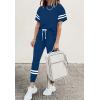 imagePRETTYGARDEN Women Summer Two Piece Outfits Striped Short Sleeve Pullover and Long Pants Tracksuit Travel Pajama Lounge SetDark Blue