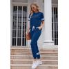 imagePRETTYGARDEN Women Summer Two Piece Outfits Striped Short Sleeve Pullover and Long Pants Tracksuit Travel Pajama Lounge SetDark Blue