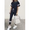 imagePRETTYGARDEN Women Summer Two Piece Outfits Striped Short Sleeve Pullover and Long Pants Tracksuit Travel Pajama Lounge SetNavy