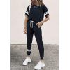imagePRETTYGARDEN Women Summer Two Piece Outfits Striped Short Sleeve Pullover and Long Pants Tracksuit Travel Pajama Lounge SetNavy