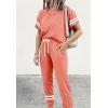 imagePRETTYGARDEN Women Summer Two Piece Outfits Striped Short Sleeve Pullover and Long Pants Tracksuit Travel Pajama Lounge SetShrimp Pink