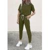 imagePRETTYGARDEN Women Summer Two Piece Outfits Striped Short Sleeve Pullover and Long Pants Tracksuit Travel Pajama Lounge SetSolid Army Green