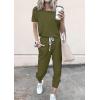 imagePRETTYGARDEN Women Summer Two Piece Outfits Striped Short Sleeve Pullover and Long Pants Tracksuit Travel Pajama Lounge SetSolid Army Green