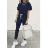 imagePRETTYGARDEN Women Summer Two Piece Outfits Striped Short Sleeve Pullover and Long Pants Tracksuit Travel Pajama Lounge SetSolid Navy