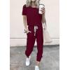 imagePRETTYGARDEN Women Summer Two Piece Outfits Striped Short Sleeve Pullover and Long Pants Tracksuit Travel Pajama Lounge SetSolid Wine Red