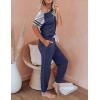 imagePRETTYGARDEN Women Summer Two Piece Outfits Striped Short Sleeve Pullover and Long Pants Tracksuit Travel Pajama Lounge SetZdark Blue