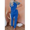 imagePRETTYGARDEN Women Summer Two Piece Outfits Striped Short Sleeve Pullover and Long Pants Tracksuit Travel Pajama Lounge SetZgrey Blue