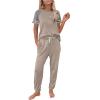 imagePRETTYGARDEN Women Summer Two Piece Outfits Striped Short Sleeve Pullover and Long Pants Tracksuit Travel Pajama Lounge SetZkhaki
