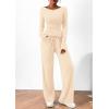 imagePRETTYGARDEN Womens 2 Piece Lounge Sets Asymmetrical Long Sleeve T Shirt Wide Leg Pants Casual Outfits TracksuitBeige