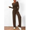 imagePRETTYGARDEN Womens 2 Piece Lounge Sets Asymmetrical Long Sleeve T Shirt Wide Leg Pants Casual Outfits TracksuitBrown