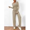 imagePRETTYGARDEN Womens 2 Piece Lounge Sets Asymmetrical Long Sleeve T Shirt Wide Leg Pants Casual Outfits TracksuitLight Khaki