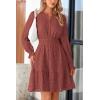 imagePRETTYGARDEN Womens 2025 Long Sleeve Mini Dress Eyelet V Neck A Line Casual Elegant Holiday Wedding Guest Party DressesBrown Red