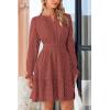 imagePRETTYGARDEN Womens 2025 Long Sleeve Mini Dress Eyelet V Neck A Line Casual Elegant Holiday Wedding Guest Party DressesBrown Red