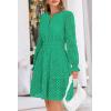 imagePRETTYGARDEN Womens 2025 Long Sleeve Mini Dress Eyelet V Neck A Line Casual Elegant Holiday Wedding Guest Party DressesGreen