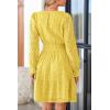 imagePRETTYGARDEN Womens 2025 Long Sleeve Mini Dress Eyelet V Neck A Line Casual Elegant Holiday Wedding Guest Party DressesYellow