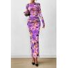 imagePRETTYGARDEN Womens Long Sleeve Bodycon Dresses 2025 Fall Sexy Floral Mesh Slit Ruched Tight Maxi Wedding Guest DressFloral Grey Purple