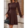 imagePRETTYGARDEN Womens Long Sleeve Mini Dress 2025 Fall Trendy Crewneck Ribbed Knit Soft A Line Flowy Summer Formal DressesBrown