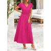 imagePRETTYGARDEN Womens Maxi Dresses 2025 Summer Trendy Cap Short Sleeve Button V Neck Casual Flowy Pleated Long DressRose Red