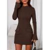 imagePRETTYGARDEN Womens Short Formal Dresses 2025 Fall Long Sleeve Mock Neck Elegant Cocktail Party Club Bodycon Mini DressBrown