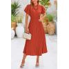 imagePRETTYGARDEN Womens Summer Midi Dresses Puff Short Sleeve V Neck Swiss Dot Pleated A Line Flowy Long Wedding Guest DressBrick Red