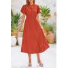 imagePRETTYGARDEN Womens Summer Midi Dresses Puff Short Sleeve V Neck Swiss Dot Pleated A Line Flowy Long Wedding Guest DressBrick Red