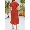 imagePRETTYGARDEN Womens Summer Midi Dresses Puff Short Sleeve V Neck Swiss Dot Pleated A Line Flowy Long Wedding Guest DressBrick Red