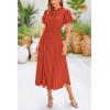 imagePRETTYGARDEN Womens Summer Midi Dresses Puff Short Sleeve V Neck Swiss Dot Pleated A Line Flowy Long Wedding Guest DressBrick Red