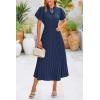 imagePRETTYGARDEN Womens Summer Midi Dresses Puff Short Sleeve V Neck Swiss Dot Pleated A Line Flowy Long Wedding Guest DressNavy