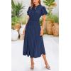 imagePRETTYGARDEN Womens Summer Midi Dresses Puff Short Sleeve V Neck Swiss Dot Pleated A Line Flowy Long Wedding Guest DressNavy