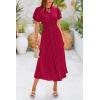 imagePRETTYGARDEN Womens Summer Midi Dresses Puff Short Sleeve V Neck Swiss Dot Pleated A Line Flowy Long Wedding Guest DressWine Red