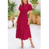 imagePRETTYGARDEN Womens Summer Midi Dresses Puff Short Sleeve V Neck Swiss Dot Pleated A Line Flowy Long Wedding Guest DressWine Red