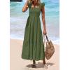 imagePRETTYGARDEN Womens Summer Square Neck Maxi Dresses Cap Sleeve Eyelet Smocked Tiered A Line Flowy Long Dress with PocketsArmy Green