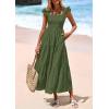 imagePRETTYGARDEN Womens Summer Square Neck Maxi Dresses Cap Sleeve Eyelet Smocked Tiered A Line Flowy Long Dress with PocketsArmy Green