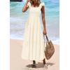 imagePRETTYGARDEN Womens Summer Square Neck Maxi Dresses Cap Sleeve Eyelet Smocked Tiered A Line Flowy Long Dress with PocketsBeige