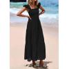 imagePRETTYGARDEN Womens Summer Square Neck Maxi Dresses Cap Sleeve Eyelet Smocked Tiered A Line Flowy Long Dress with PocketsBlack