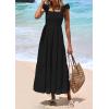 imagePRETTYGARDEN Womens Summer Square Neck Maxi Dresses Cap Sleeve Eyelet Smocked Tiered A Line Flowy Long Dress with PocketsBlack